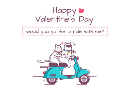 Adventurous Valentine's Day Greetings with Cute Cats on Scooter Card Design Template