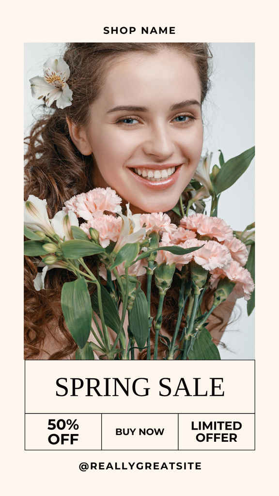 Spring Sale with Beautiful Woman with Flowers Instagram Story Modelo de Design