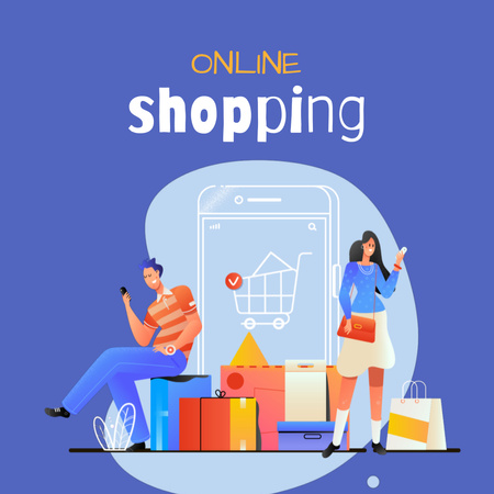 Online Shopping Ad with Basket on Phone Screen Animated Post Tasarım Şablonu