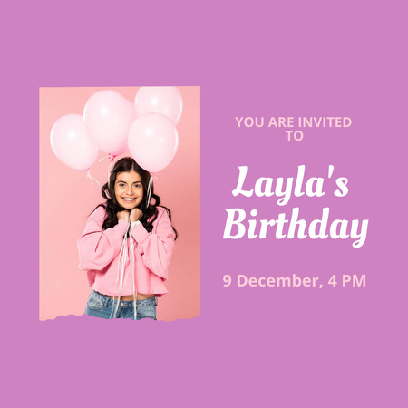 Birthday Invitation with Girl and Balloons Instagram tervezősablon