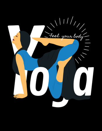 Designvorlage Yoga-Schriftzug mit flexibler Frau für T-Shirt