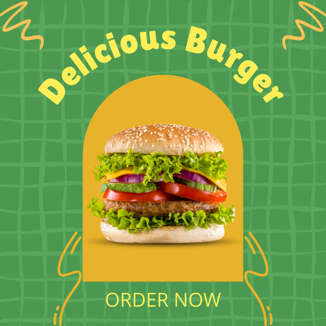 Fast Food Offer with Delicious Burger on Green Instagram Design Template