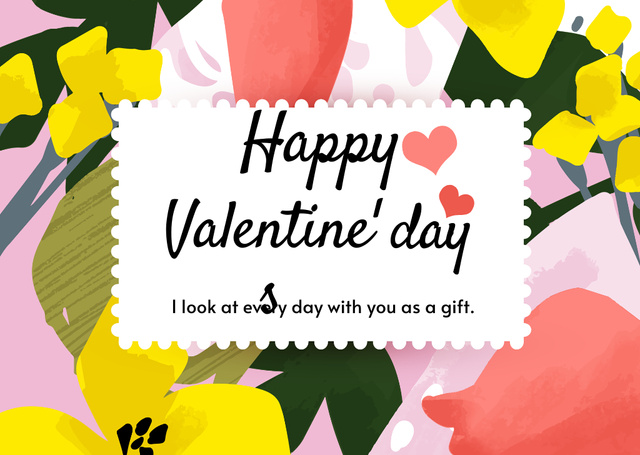 Happy Valentine's Day Greeting with Colorful Floral Pattern Card Tasarım Şablonu
