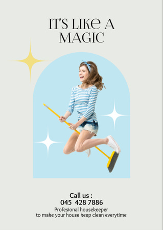 Plantilla de diseño de Cleaning Services Offer with Girl on Broom Flyer A6 