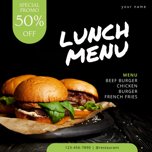 Lunch Menu Offer with Tasty Burgers Instagram tervezősablon