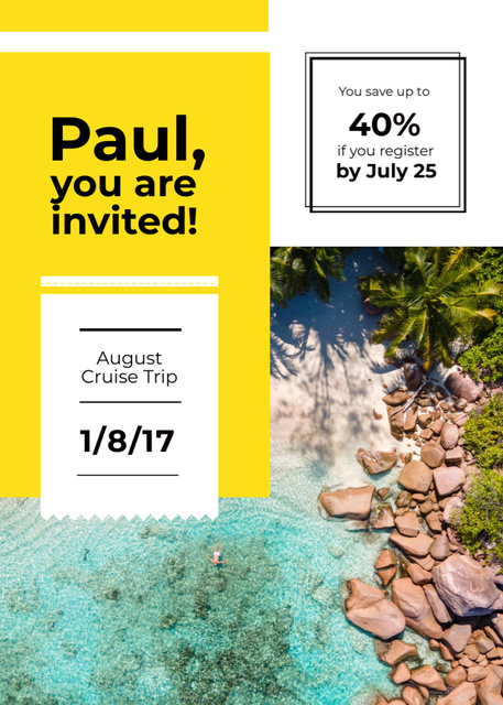 Plantilla de diseño de Summer Trip Offer with Palm Trees at Beach Invitation 