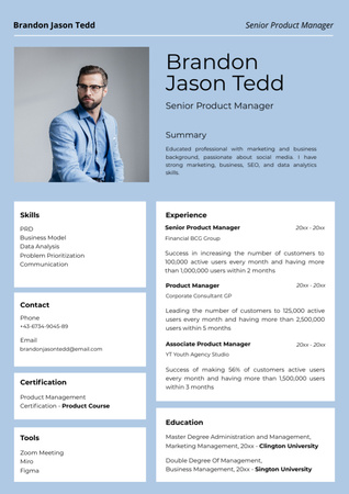 Vezető termékmenedzser készségek és tapasztalat Resume tervezősablon