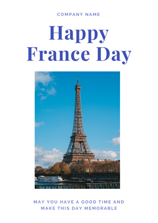 French National Day Celebration Announcement with View of Eiffel Tower Postcard A6 Vertical – шаблон для дизайну