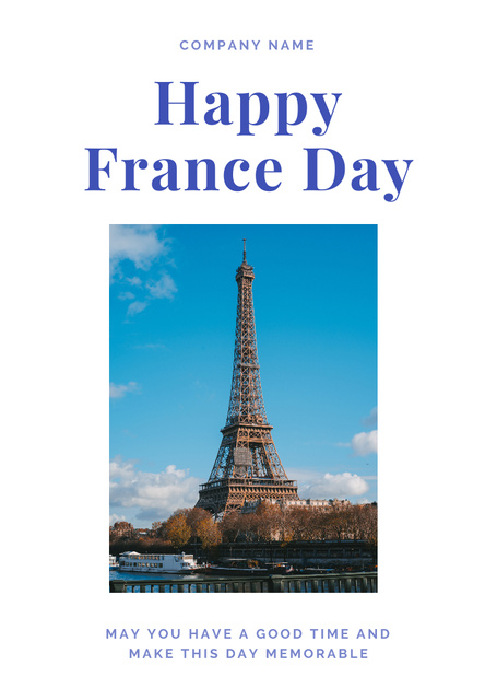 French National Day Celebration Announcement with View of Eiffel Tower Postcard A6 Vertical Design Template