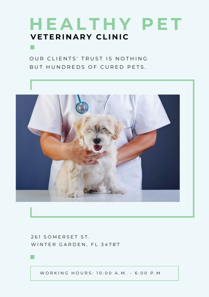 Template di design Vet Clinic Ad with Doctor holding Dog Flyer A5