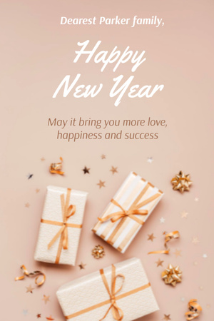 Designvorlage Cute New Year Greeting with Presents für Postcard 4x6in Vertical