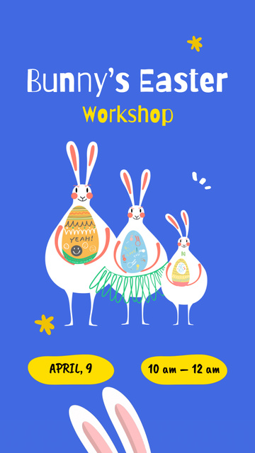 Bunny`s Workshop With Eggs For Easter In Blue Instagram Video Story Modelo de Design