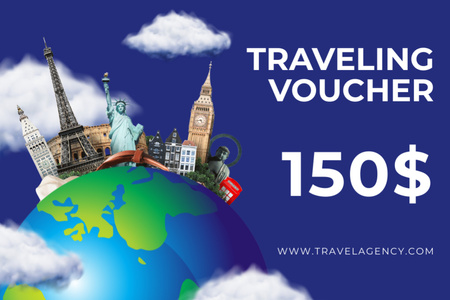 Traveling Voucher with Famous Sights of the World Gift Certificate Design Template
