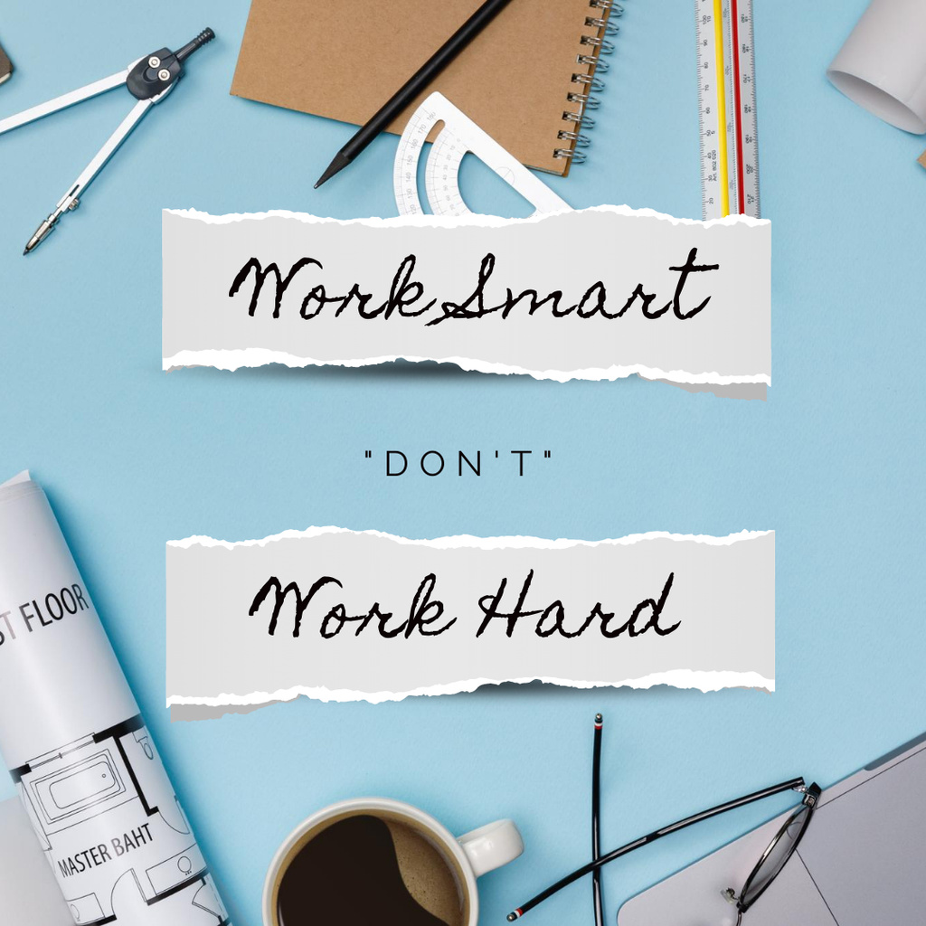 Ontwerpsjabloon van Instagram van Motivational Phrase about Work with Stationery on Table