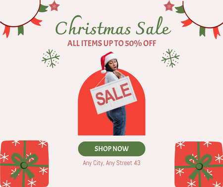 Plantilla de diseño de Anuncio de venta de Navidad con mujer sosteniendo banner de venta Facebook 