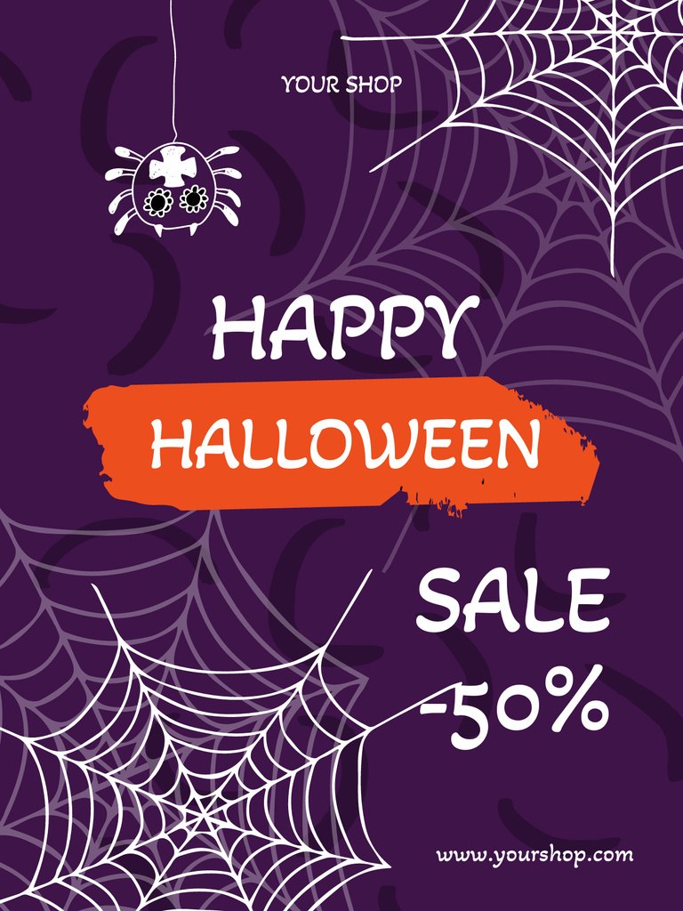 Plantilla de diseño de Halloween Sale Annoucment with Cute Spider and Web Poster US 