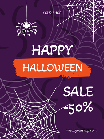 Designvorlage Halloween-Verkaufsankündigung mit niedlicher Spinne und Netz für Poster US