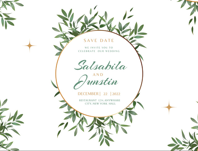 Wedding Event Announcement With Green Leaves Circle Postcard 4.2x5.5in Tasarım Şablonu