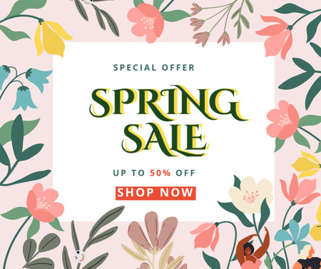 Spring Sale Announcement on Flower Pattern Facebook Design Template