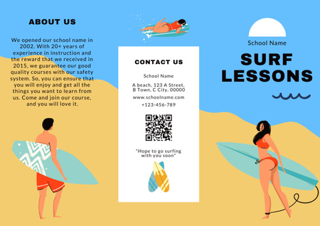 Offer of Surf Lessons with Young People on Beach Brochure – шаблон для дизайну