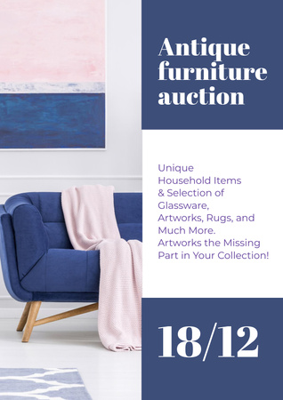 Antique Furniture Auction with Stylish Blue Sofa Poster Design Template