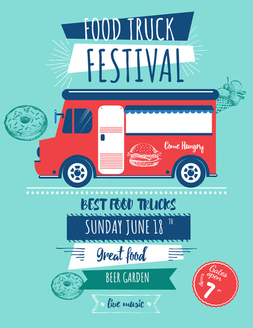 Plantilla de diseño de Food Truck Festival Ad with Illustration of Van in Blue Flyer 8.5x11in 