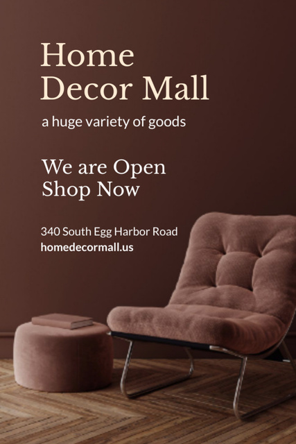 Ontwerpsjabloon van Postcard 4x6in Vertical van Promoting Home Decor Mall With Soft Brown Armchair And Pouffe