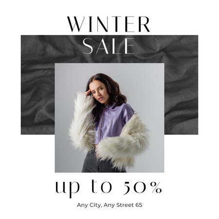 Winter Sale Ad with Stylish Woman in Faux Fur Coat Instagram Design Template