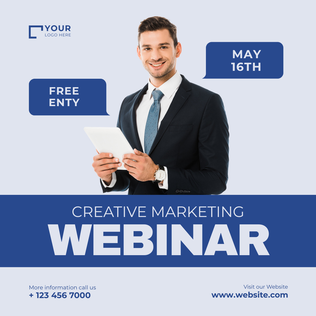 Free Creative Marketing Webinar Ad on Blue LinkedIn post – шаблон для дизайну