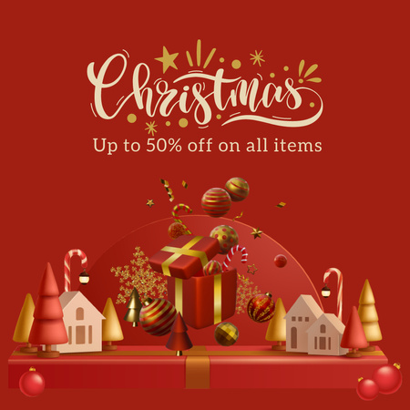 Christmas sale offer with Holiday Trees and Decorations in Red Instagram AD Design Template