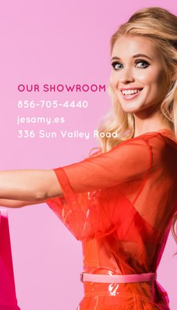 Designvorlage Stilvolle Mode-Showroom-Werbung mit rotem Kleid für Business Card US Vertical