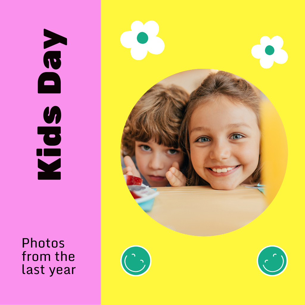 Children's Day Announcement with Smiling Little Kids Photo Book Design Template