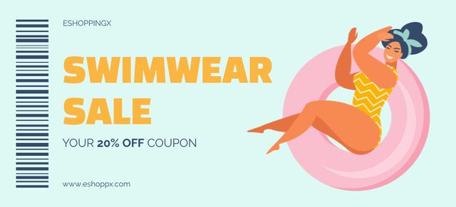 Swimwear Sale Offer with Woman in Bright Swimsuit Coupon 3.75x8.25inデザインテンプレート