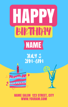Simple Announcement of Birthday Party on Blue and Yellow Invitation 4.6x7.2in Design Template