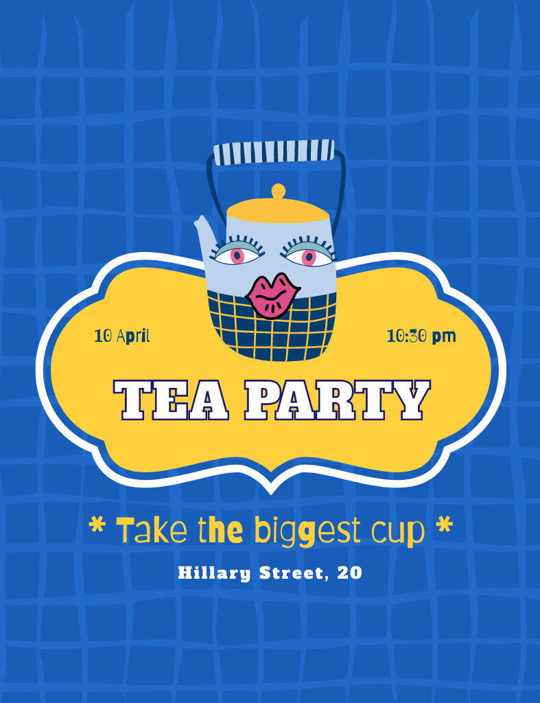 Funny Tea Party Ad on Blue Invitation 13.9x10.7cm Tasarım Şablonu