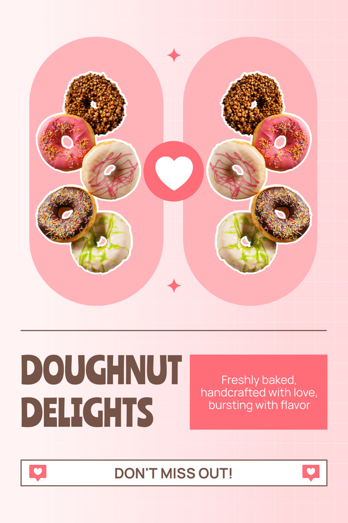 Ad of Doughnut Delights with Various Donuts in Pink Pinterestデザインテンプレート