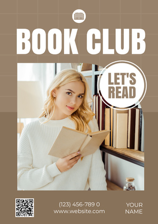 Book Club Ad with Woman in Library Poster Design Template