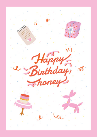 Birthday Greeting With Pink Illustration Postcard 5x7in Vertical Design Template
