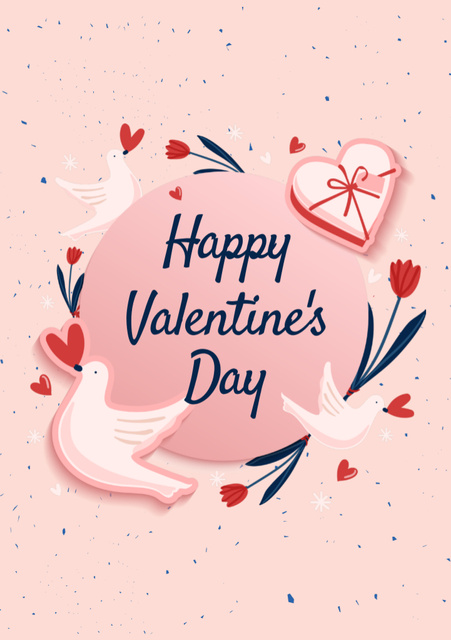 Valentine's Day With Doves And Flowers Celebration Postcard A5 Vertical Šablona návrhu