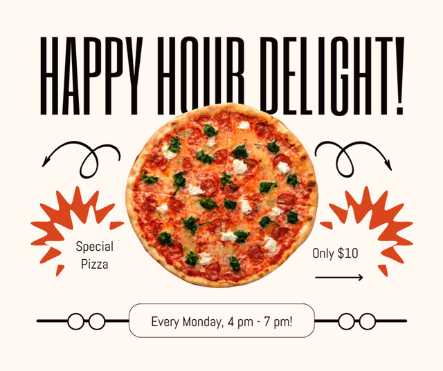Ontwerpsjabloon van Facebook van Happy Hour Delight Announcement with Tasty Pizza