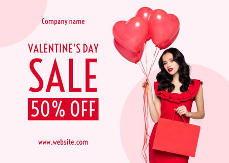 Valentine's Day Sale Announcement with Spectacular Brunette in Red Card Design Template
