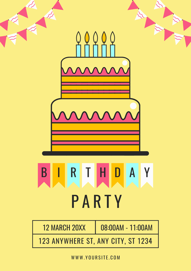 Birthday Party Announcement with Cake on Yellow Posterデザインテンプレート