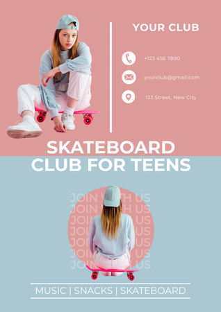Skateboard Club For Teens With Snacks And Music Poster Design Template
