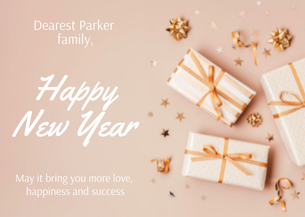 Cute New Year Greeting with Presents Card Modelo de Design