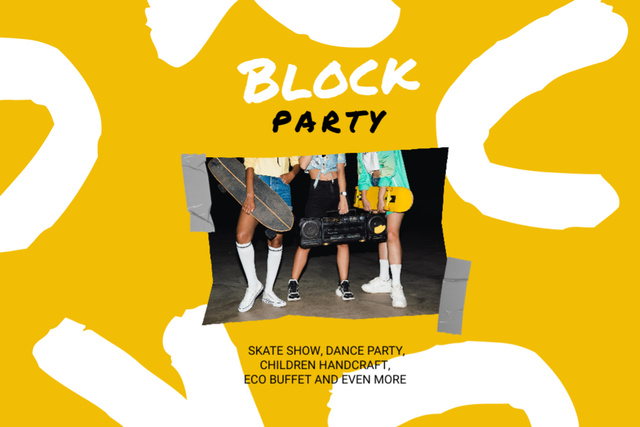 Designvorlage Block Party Ad with Teen Girls on Yellow für Flyer 4x6in Horizontal
