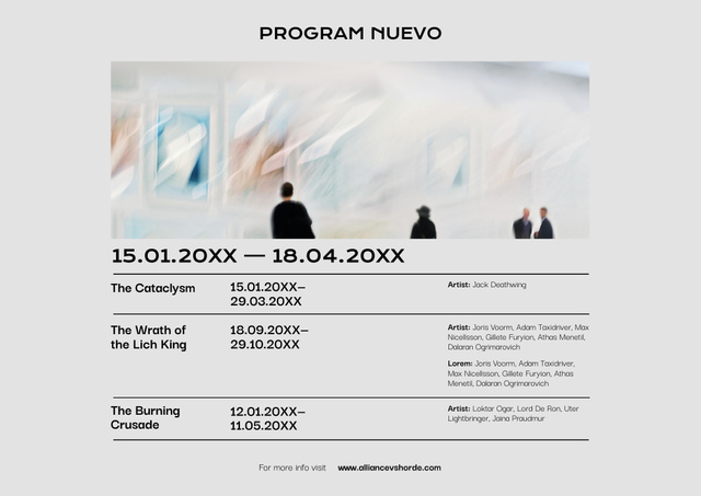 Designvorlage Exceptional Art Gallery Exhibition Announcement With Program für Poster B2 Horizontal