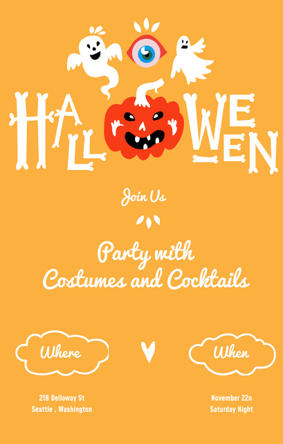 Template di design Halloween Party With Pumpkin And Ghosts in Orange Invitation 4.6x7.2in