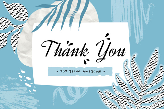Thank You Phrase With Abstract Leaves on Blue Postcard 4x6in Design Template