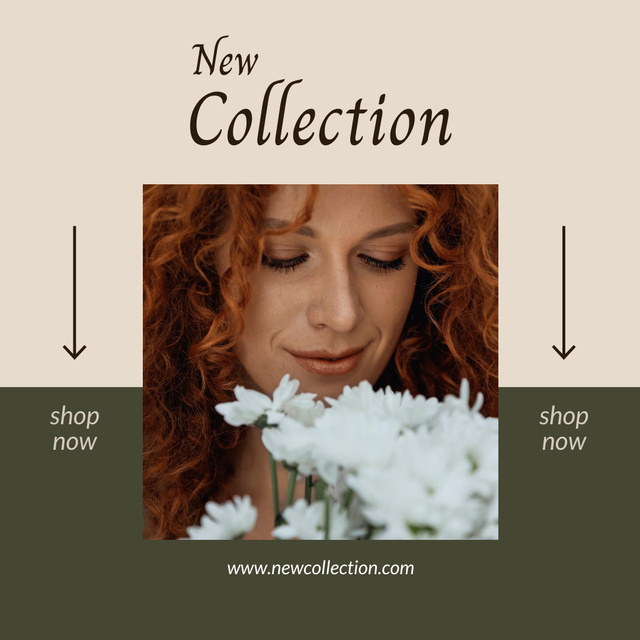 New Collection Announcement for Women with White Flowers Bouquet Instagram tervezősablon