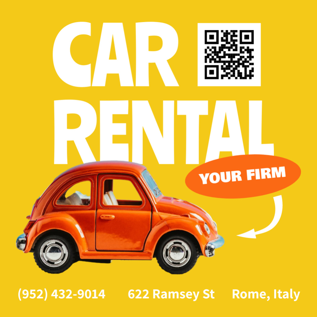 Car Rental Services Ad on Yellow Square 65x65mm Πρότυπο σχεδίασης